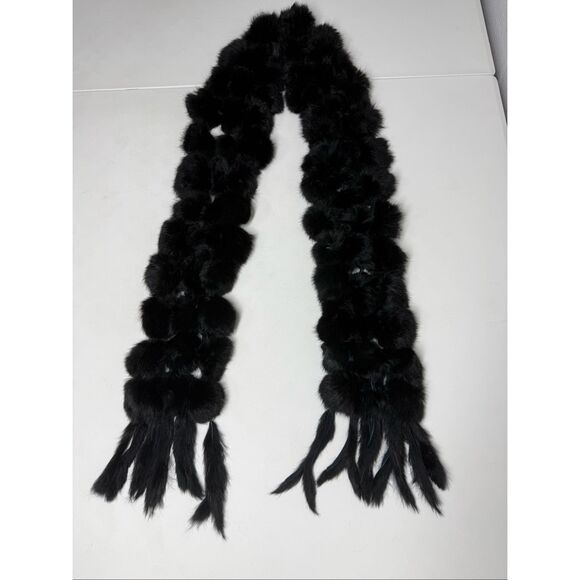 Rare Luxury 100% Genuine Rabbit Fur Black Balls 3 Rows Pompons Scarf 50” x 5